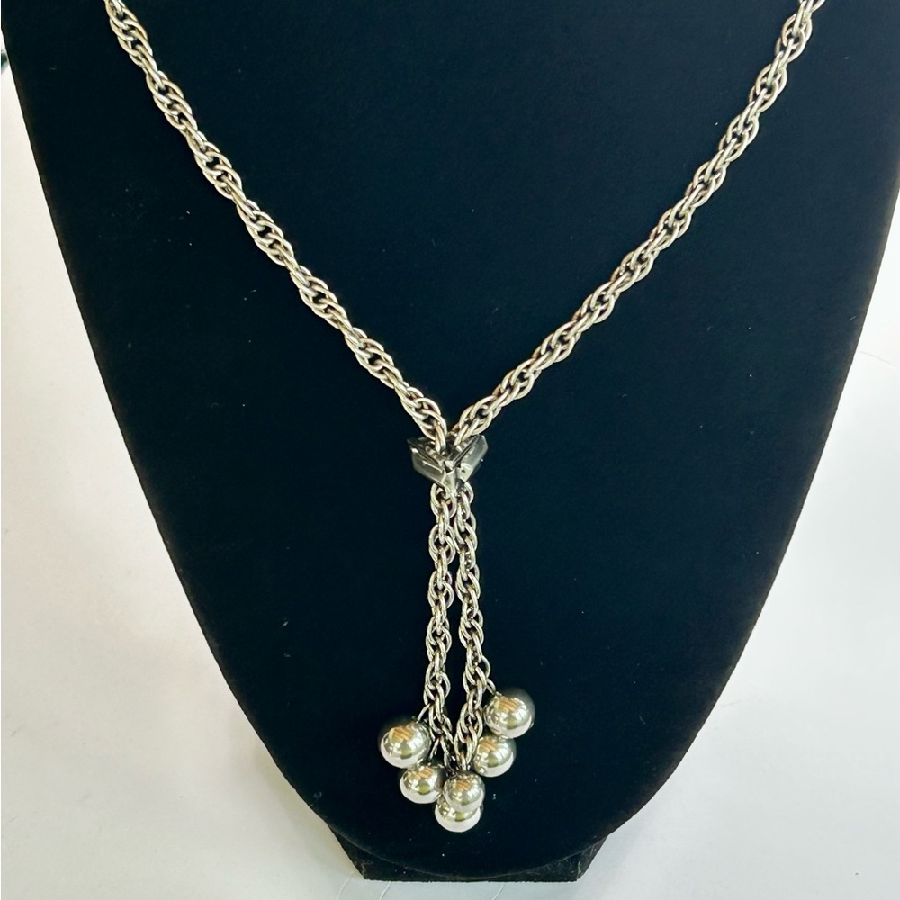 Vintage Silver Slide French Rope Chain Silver Bead Tassel Necklace Lariat